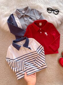 SHEIN 3件組男嬰秋冬休閒針織軟領短袖套頭 Polo 衫套裝，紅色 Polo 衫 - 彩色 - 查看 7