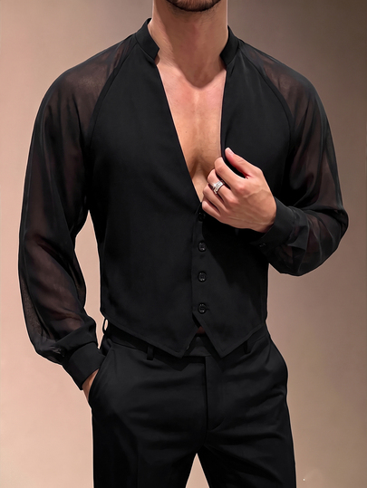 ZURIURI Camisa elegante de caballero vintage transparente de manga larga para hombre