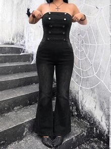Jeanoix Plus Size Women Y2K Napoleon Style Double-Breasted Double Pocket Fashion Tube Top Denim Jumpsuit With Flared Legs - Grey - View 6