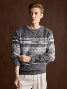 Manfinity CityGents Men's Striped Pattern Long Sleeve Crew Neck Versatile Daily Sweater,Old Money Holiday /Vacation Autumn Comfortable For Daily Outings And Activities - Light Grey - View 1