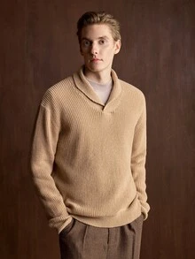 Manfinity CityGents Men's Minimalist V-Neck Turn-Down Collar Long Sleeve Sweater For Commuting - Camel - View 3