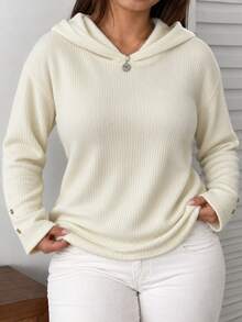 Elenzga Plus Size Women's Autumn/Winter Hooded Ribbed Knit Fabric Commute Daily Elegant Top T-Shirt - Apricot - View 6