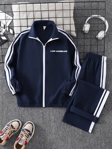 SHEIN Kids 2pcs Contrast Color Webbing Round Neck Long Sleeve Autumn Jacket & Elastic Waist Long Pants Set - Multicolor - View 4