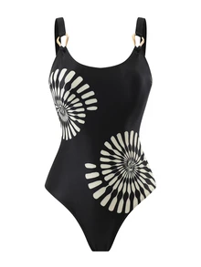Swim Oasis 2pcs Vintage One-Piece Swimsuit Set, One-Piece Swimsuit With Mesh Shorts And Asymmetrical Metal Buckle - Black - View 4