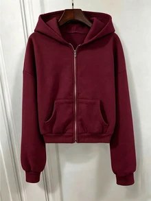 SHEIN 青少年女孩酒紅色拉鍊式落肩長袖休閒連帽衛衣外套，保暖內裡，基礎款，秋冬 Y2K 瑜伽度假派對適用 - 酒紅色 - 查看 3