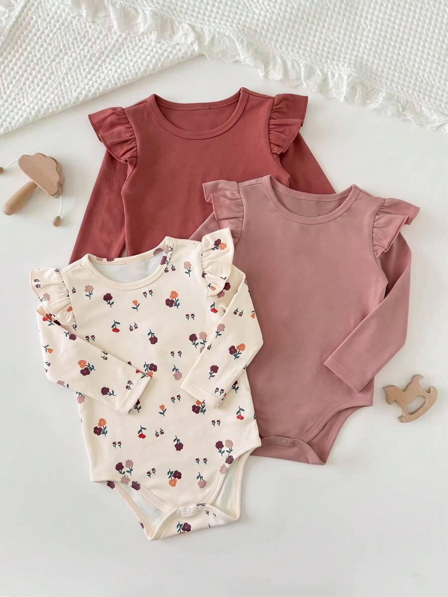SHEIN 3pcs/Set Baby Girl Cute Ditsy Floral Fleece Elastic Crew Neck Cap Sleeve Long Sleeve Bodysuit Multi-Piece Set Suitable For Winter - Multicolor - View 1