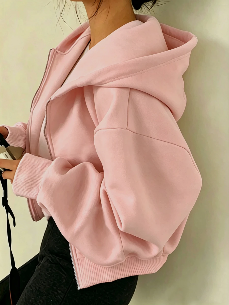 SHEIN 青少年女孩粉色拉鍊落肩長袖寬鬆連帽衛衣外套,保暖內裡,秋冬返校 Y2K 瑜伽沙灘風 - 粉色 - 查看 1