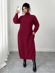 SHEIN Tall CURVE 大尺碼女款秋冬休閒優雅寬鬆高領拉鍊袖針織長洋裝 正式辦公波爾多紅 - 酒紅色 - 查看 3
