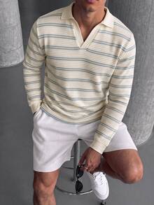 TONEVAULT Men's Long Sleeve Polo Collar T-Shirt, Knitted Fabric - Apricot - View 3