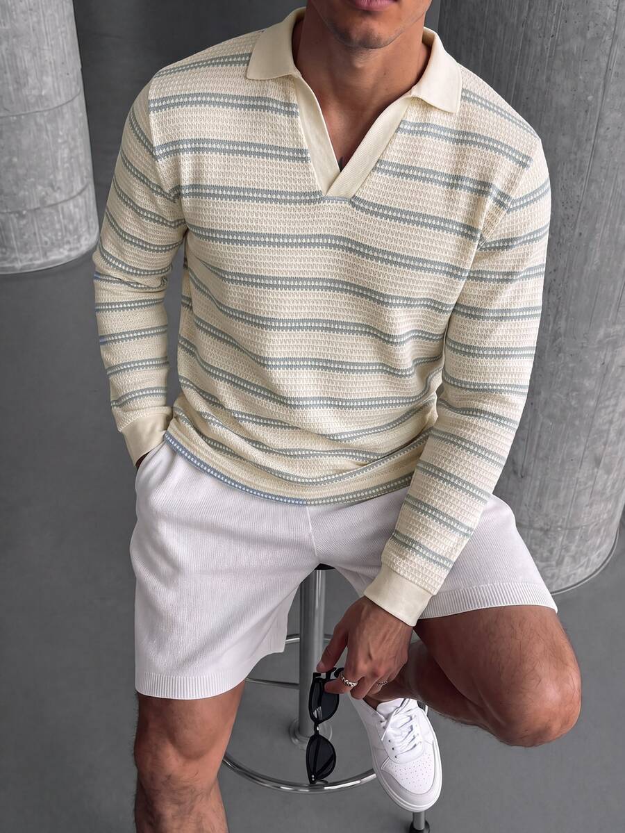 TONEVAULT Men's Long Sleeve Polo Collar T-Shirt, Knitted Fabric - Apricot - View 1