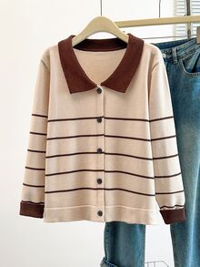 GlowEve CURVE Plus Size Women Colorblock Long Sleeve Cardigan Knit Sweater, Striped Fashion Casual Versatile Suitable For Autumn/Winter Wear Fall - Apricot - View 1