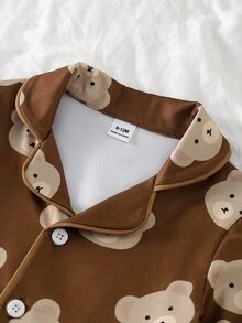 Baby Boy Cute Casual Daily Minimalist Comfortable Coffee Brown Cartoon Bear Open Front Long Sleeve Top & Pants Home Wear 2pcs Set - Brown - View 6