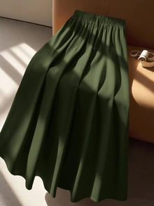 GlowEve CURVE Plus Solid Fold Pleated Belted Skirt - Army Green - View 2