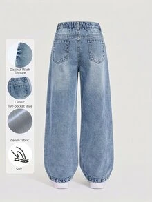 Tween Girl Y2K Vintage Washed High Waist Cat Whisker Loose Wide Leg Denim Jeans, Autumn/Winter Back To School Street Style - Medium Wash - View 2