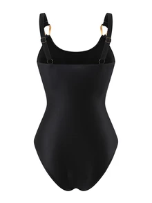 Swim Oasis 2pcs Vintage One-Piece Swimsuit Set, One-Piece Swimsuit With Mesh Shorts And Asymmetrical Metal Buckle - Black - View 5
