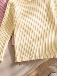 SHEIN Genkimix Kids 4件組女孩秋冬棉質羅紋素色荷葉邊長袖上衣，可愛T恤內搭層，適合春夏/秋冬，百搭時尚上衣，適用於學校、度假、日常穿著 - 彩色 - 查看 5