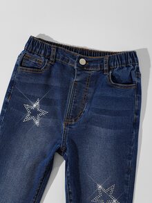 SHEIN Girls Y2K Style Elastic Flare Jeans, Vintage Blue Washed Denim With Elastic Waistband, Star Rhinestone Design, Fashionable Versatile For All Seasons - Dark Wash - View 4