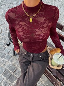 SHEIN EZwear Burgundy Lace Women's Fitted Long Sleeve Bodysuit, Autumn/Winter - Burgundy - View 4