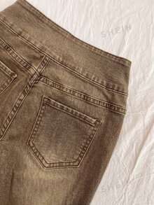 SHEIN PETITE Celana Jeans Wanita Ukuran Petite Pinggang Rendah Model Flare Denim Cuci - Coklat - View 4