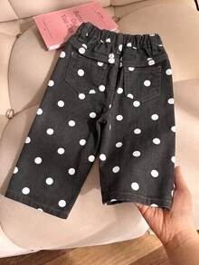 SHEIN Vintaside Kids 女嬰牛仔長褲，四季皆宜，柔軟棉質，休閒時尚百搭舒適，極簡風彈性腰頭，經典五口袋款式，棕色波點印花布料，寬鬆直筒版型，杏色水洗軟牛仔，適合日常穿著與度假 - 彩色 - 查看 2