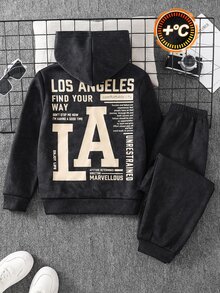 2pcs Kids Tween Boy Letter Print Knit Pullover Sweatshirt Long Sleeve Pullover Sweatshirt & Pants Set, Grey Pullover Sweatshirt Set, Sports Outfit, Boys Set - Grey - View 1
