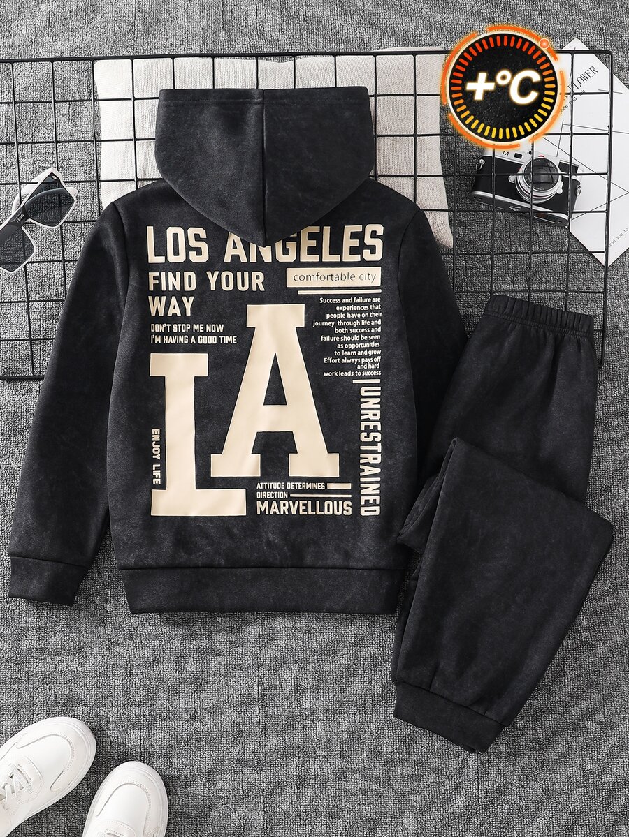 2pcs Kids Tween Boy Letter Print Knit Pullover Sweatshirt Long Sleeve Pullover Sweatshirt & Pants Set, Grey Pullover Sweatshirt Set, Sports Outfit, Boys Set - Grey - View 1