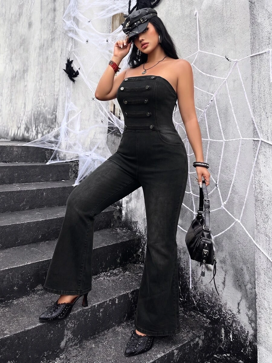 Jeanoix Plus Size Women Y2K Napoleon Style Double-Breasted Double Pocket Fashion Tube Top Denim Jumpsuit With Flared Legs - Grey - View 1