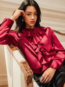 Écloséra Blus Lengan Panjang Elegan Berkerut Satin Warna Polos Gaya Eropa & Amerika Musim Semi/Panas Terbaru, Serbaguna untuk Aktivitas Komuter - Burgundy - View 5