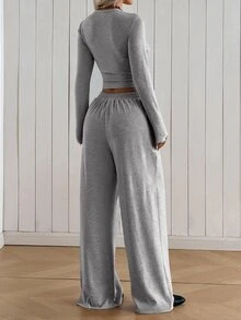 SHEIN EZwear 女款圓領長袖灰色針織休閒運動套裝 - 灰色 - 查看 2