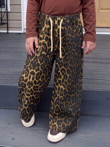 Young Girl Leopard Print Drawstring Waist Wide Leg Jeans - Brown - View 8