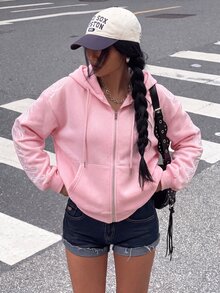 Muchica 女款純色拉鍊前襟字母印花雙口袋休閒寬鬆長袖運動衫 - 粉色 - 查看 5