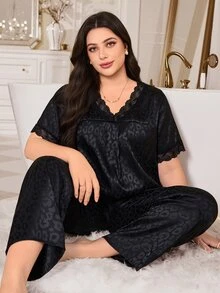 MuseNap CURVE Plus Leopard Jacquard Lace Trim Satin PJ Set - Black - View 6