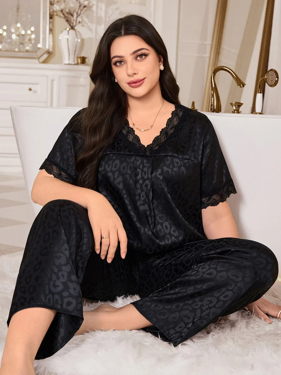 MuseNap CURVE Plus Leopard Jacquard Lace Trim Satin PJ Set Sleep Night Black Elegant Pajama Set - Black - View 1