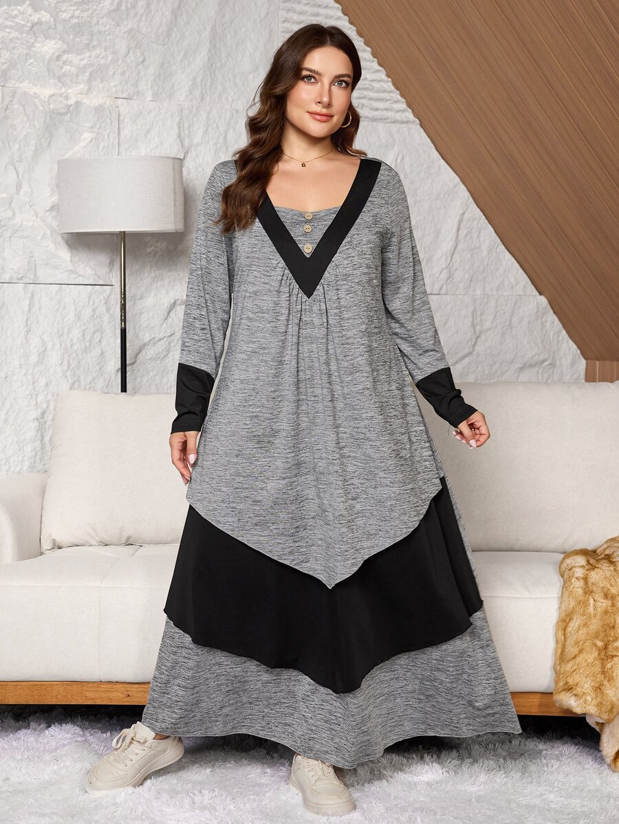 Lacomfia Gaun Rajut Wanita Ukuran Plus Warna Abu-abu & Patchwork Blok Warna Longgar Lengan Panjang Berlapis-lapis dengan Hem Berumbai, Cocok untuk Acara Kasual Sehari-hari - Grey - View 1