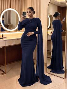SHEIN Lady CURVE Plus Size Women's Fashion Elegant Round Neck Bow Design Long Sleeve Fitted Dress Fall - Navy Blue - View 5