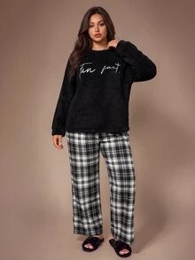 Lazeform Plus Size Casual Letter Embroidered Comfortable Plush Plaid Pajama Set 2 Pieces - Black - View 4