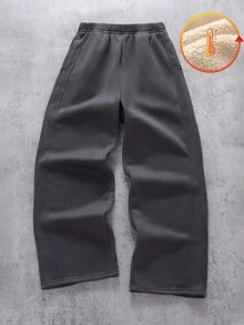 SHEIN 兒童青少年男孩休閒灰色運動長褲，牙籤褶皺設計，極簡百搭萬能下身，Y2K風格，適合約會、旅行、度假、家庭聚會、返校、婚禮季、晚宴派對、運動、生日派對 - 深灰色 - 查看 3