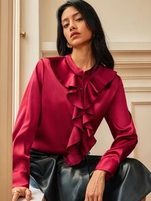 Écloséra Blus Lengan Panjang Elegan Berkerut Satin Warna Polos Gaya Eropa & Amerika Musim Semi/Panas Terbaru, Serbaguna untuk Aktivitas Komuter - Burgundy - View 4