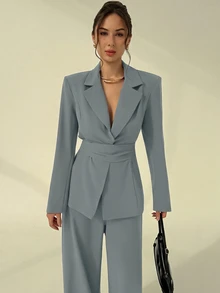 Aloruh 女款通勤時尚V領翻領西裝套裝 - 霧霾藍 - 查看 3