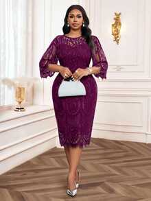 SHEIN Lady فستان أسود أنيق من الدانتيل للحفلات، مقاس كبير، مناسب للربيع والصيف والخريف والشتاء، فستان أسود صغير - أحمر بنفسجي - مشاهدة 4