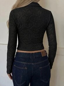 SHEIN EZwear 女款V領長袖單排扣純色上衣 - 黑色 - 查看 2
