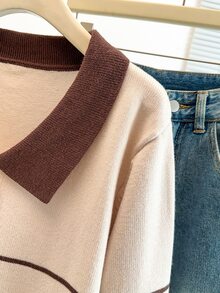 GlowEve CURVE Plus Size Women Colorblock Long Sleeve Cardigan Knit Sweater, Striped Fashion Casual Versatile Suitable For Autumn/Winter Wear Fall - Apricot - View 5