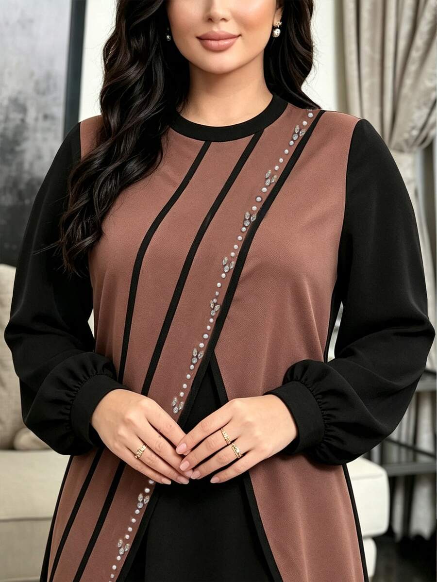 Al Najma Plus Size Women's Asymmetrical Diamond & Pearl Long Sleeve Long Dress, 2 In 1, Round Neck, Arabic Style, Autumn/Winter - Black - View 1