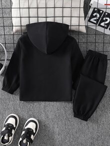 SHEIN 2件組男童青少年秋冬休閒拼接色連帽長袖開襟外套與鬆緊腰長褲套裝，男孩套裝 - 彩色 - 查看 2