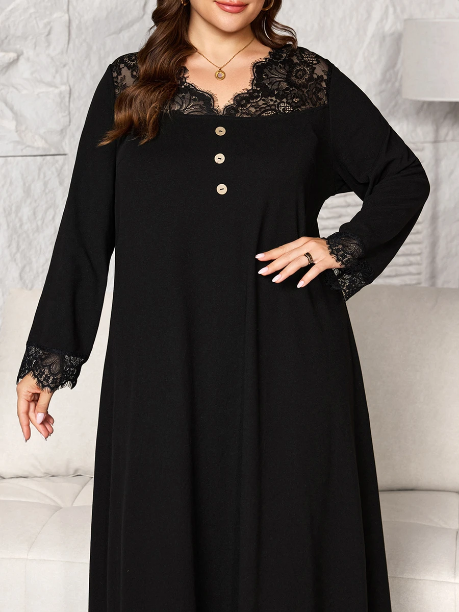Lacomfia Autumn/Winter Knit Black Patchwork Eyelash Lace Casual Loose Minimalist Long Dress For Women Plus Size - Black - View 1