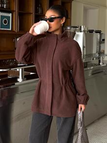 Muchica Women's Autumn/Winter New Brown Fleece Waist-Cinching Casual Jacket - Brown - View 7