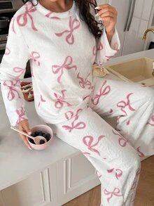 SweetSlumber Women's Ins Sweet Bow Flannel Long Sleeve Round Neck Pants Pajama Set - White - View 6
