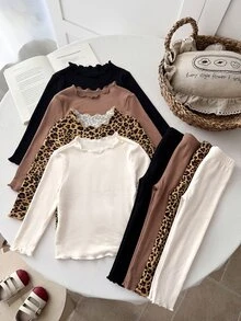 SHEIN 4件組女嬰長袖休閒上衣，附荷葉邊飾邊 - 彩色 - 查看 6