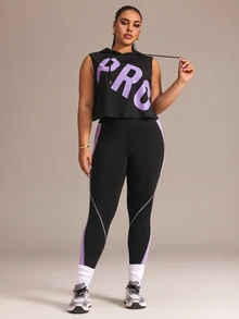 SHEIN Rhythm Era Women's Sports Yoga Outdoor Gym Workout Set Drawstring Hooded Sleeveless Loose Sweatshirt With Curved Chest Colorblock Design And Tight Leggings With Line And Colorblock Contrast - Multicolor - View 4