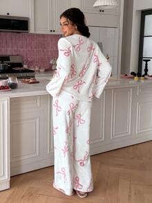 SweetSlumber Women's Ins Sweet Bow Flannel Long Sleeve Round Neck Pants Pajama Set - White - View 2